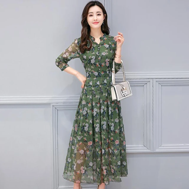 Vestidos de mujer para otoño 2018 manga larga A-Line dulce Impresión de chifón de flores vestido con cuello en moda ajustada Vestido largo de verano LY809 _ - AliExpress Mobile