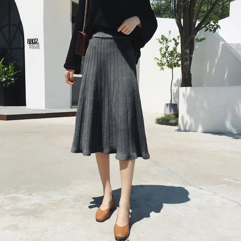 Высокая Талия вязаная юбка плиссе Для женщин эластичные свободные Striped Midi Skirt Уличная Повседневная Женская обувь юбки осень 2018