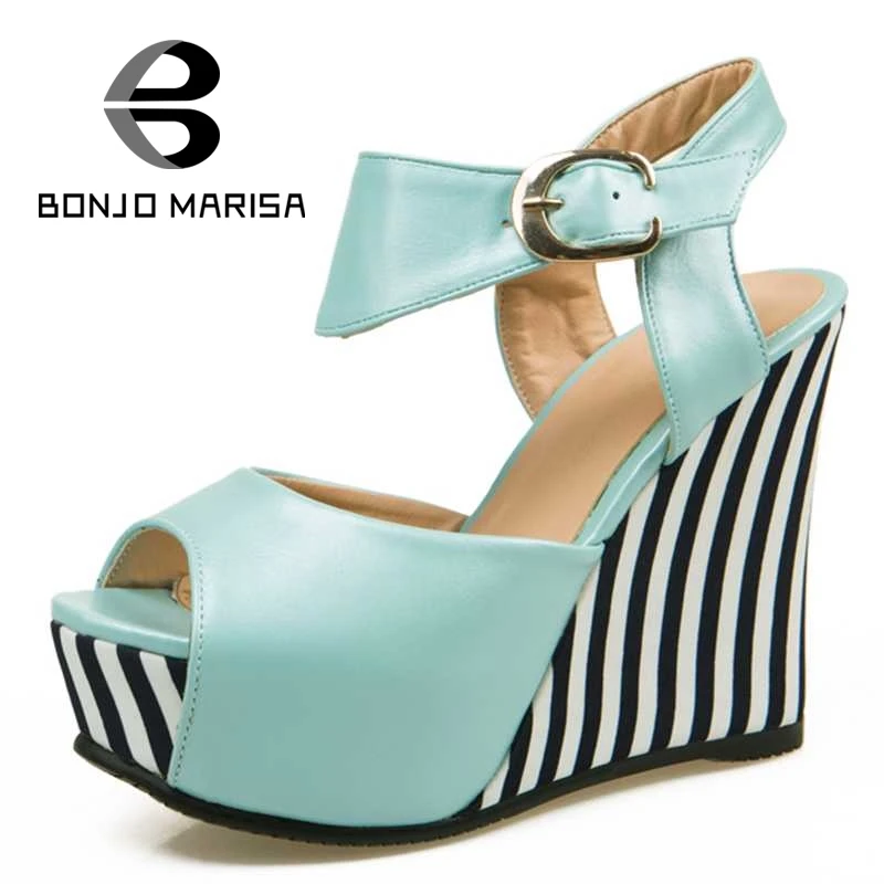 

Women Open Toe Platform Summer Party Wedding Shoes Vintage White Black Streak Printed Wedge High Heel Sandals BONJOMARISA