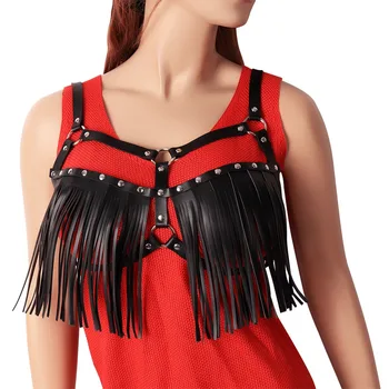 

Punk Boho Tassel Body Harness Bra Metal Rivet Leather Crop Top Sexy Black Lingerie Waist Belt Hollow Out Cosplay Dance Clothing