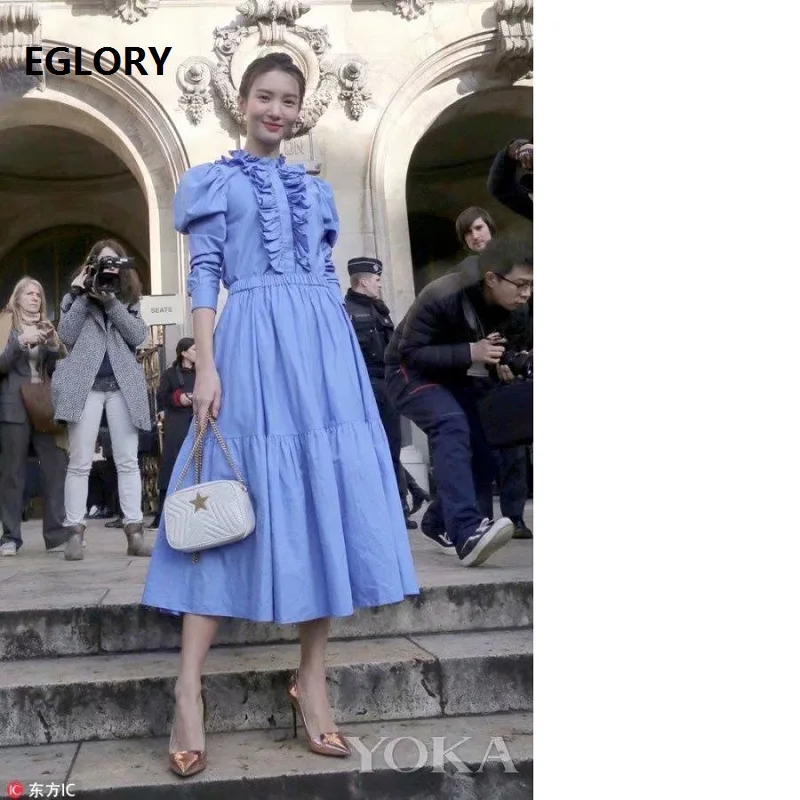 

2018 Fashion Runway Dress Women Ruffled Flowers Design Long Sleeve Large Swing Party Blue Dress Ladies Cotton Sweet Lolita Dress