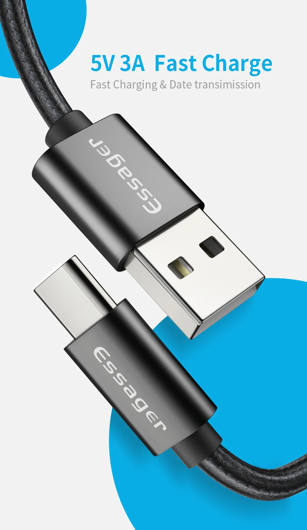 Usb-кабель Essager type-C, 3 А, быстрая зарядка, USB-C зарядное устройство для Xiaomi Redmi Note 8, 7, samsung Note 10, Oneplus 7 Pro, type-C, шнур USBC