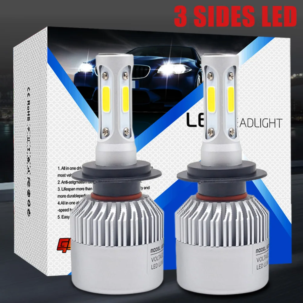 2PCS H7 LED Bulb Auto Car Headlight 72W 8000LM 3 Sides LED Car Headlamp