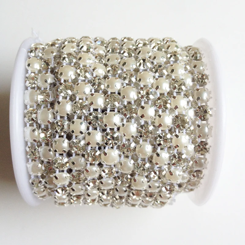 

18ss 5 Yards 2 Rows Sewing Accessories 5mm Pearls Clear Crystal Rhinestone Mesh Trimming Cup Chain