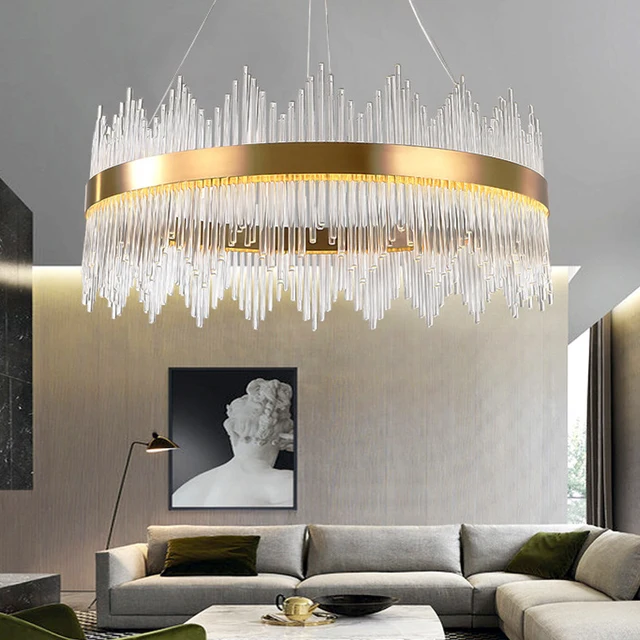 Nordic Postmodern Living Room Chandelier Indoor Decorations Luster Illumination Glass Rod Crystal Chandeliers Villa/Gray LED