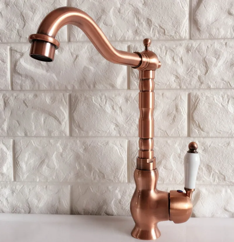 Antique Red Copper Brass Bathroom Kitchen Basin Sink Faucet Mixer Tap Swivel Spout Single Handle One Hole Deck Mounted mnf408