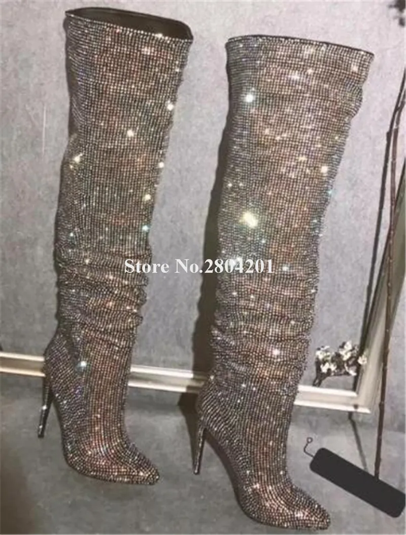

Women Luxurious Pointed Toe Bling Bling Rhinestone Over Knee Thin Heel Boots Crystal Long High Heel Boots Wedding Party Shoes