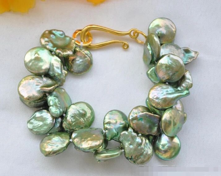 

Z5406 BEAUTIFUL 2row 8" 15mm coin green Freshwater cultured pearl bracelet @^Noble style Natural Fine jewe SHIPPING new >>free s