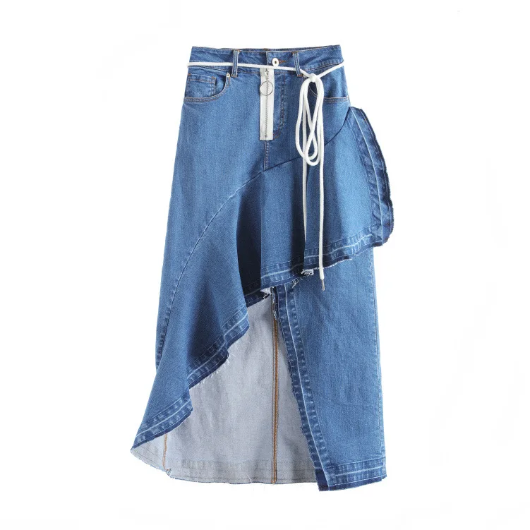 Yuan The Same Lotus Leaf Side of The Long Fishtail Skirt Cowboy Skirt 2019 Knee-Length Pockets Asymmetrical Skirts Women Yuan The Same Lotus Leaf Side of The Long Fishtail Skirt Cowboy Skirt 2019 Knee-Length Pockets Asymmetrical Skirts Women