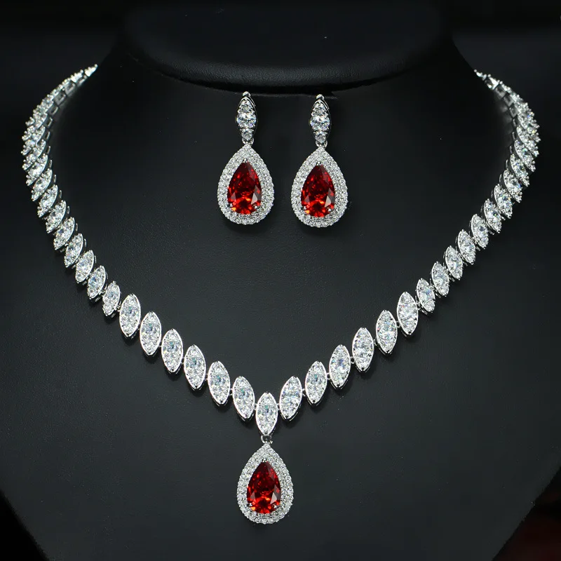 

Luxury AAA Cubic Zirconia Women Costume Party Necklace Earrings Set Mariquise Cut Zircon Red Stone Pendant Necklace for Wedding