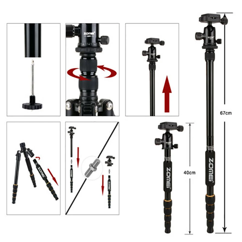  ZOMEI Lightweight Portable Q666 Professional Travel Camera Tripod tripode aluminum tripod Head Mono