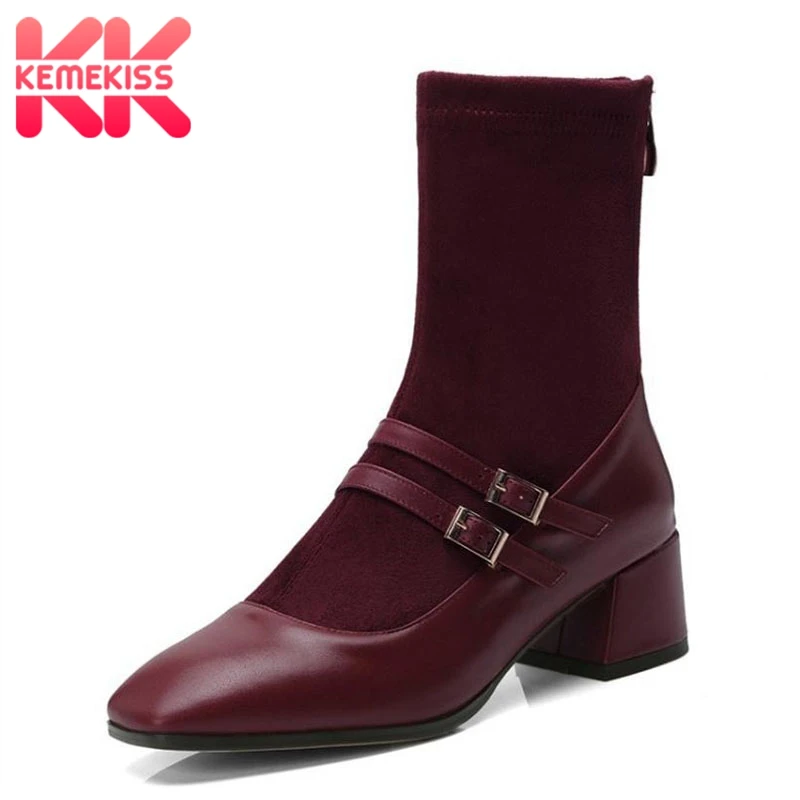 

KemeKiss Woman Boots Genuine Leather Buckle Shoes Mid Calf Zipper Woman Vinatge Shoes Woman High Heel Footwear Size 34-40