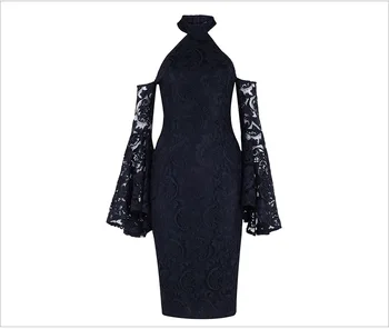 

2017 new arrival women lace dress black butterfly sleeve halter bodycon bandage dress autumn party dresses