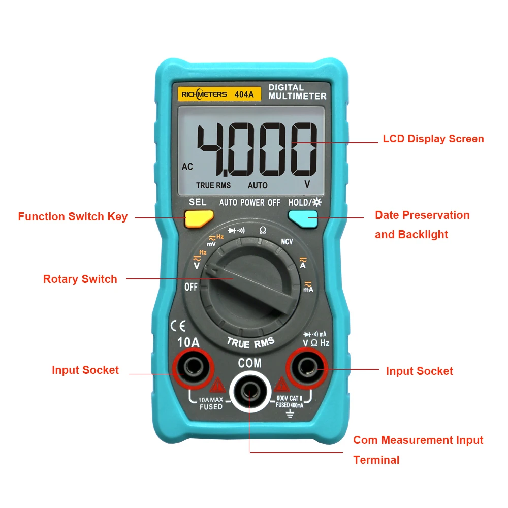 RICHMETERS 스마트 디지털 멀티미터, RM404A 휴대용 LCD 디스플레이 자동 범위 전류계, AC DC 전압 전류 측정 도구