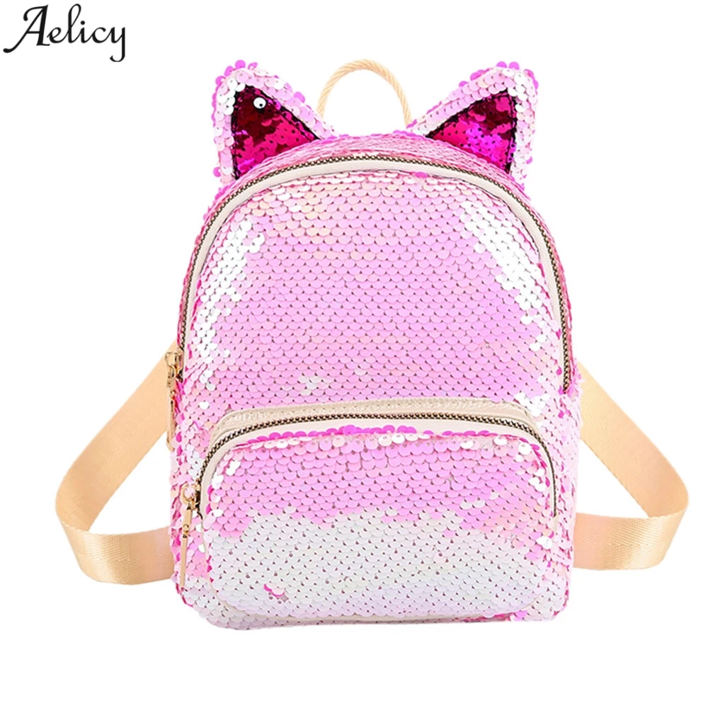 

Aelicy Women Cat Ears Decoration Backpacks Girls Fashion Bling School Bag Female Panelled Outdoor Sequins Shoulder Backpacks