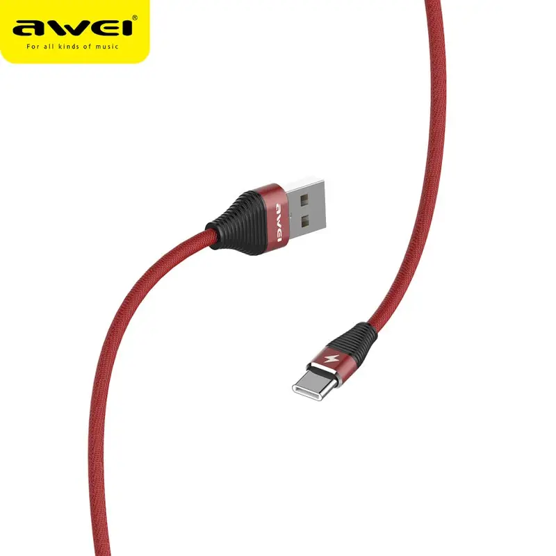 Awei الهاتف المحمول كابل نقل بيانات 2.4A آمنة وسريعة النسيج النسيج سلك خط شحن سريعة شحن خط ل نوع-c الأجهزة