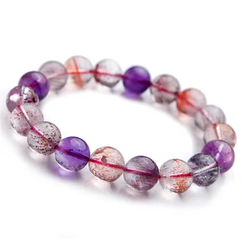 

12mm Genuine Natural Super Seven 7 Melody Stone Crystal Clear Rutilated Quartz Round Beads Bracelet AAAA