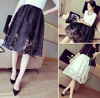 

NEW Women Double Layer Lace Pleated Retro Skirt Ball Gown Elastic Waist Midi Skirts