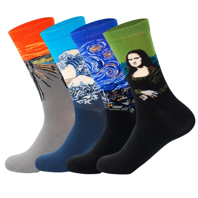 LIONZONE 4 пар/лот счастливые мужские носки смешное искусство платье носки мужские летние модные носки набор принт Ван Гог искусство носки - Цвет: C6