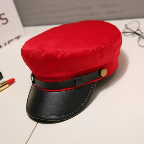 Red B Модная шапка из искусственной кожи в стиле милитари, осенне-зимняя шерстяная шляпа моряка для женщин и мужчин, Черная Женская кепка с плоским верхом для путешествий, Кепка Капитана - Цвет: Red B