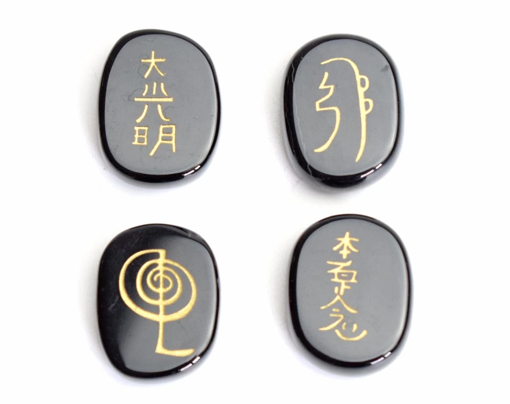 Set of 4 Pieces Natural Chakra Black Agate Palm Stones Engraved Balance  Usui Reiki Healing Symbols with a Free Pouch