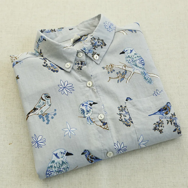 Discounts Price Chinese painting birds tree print vintage long sleeve shirt blouse