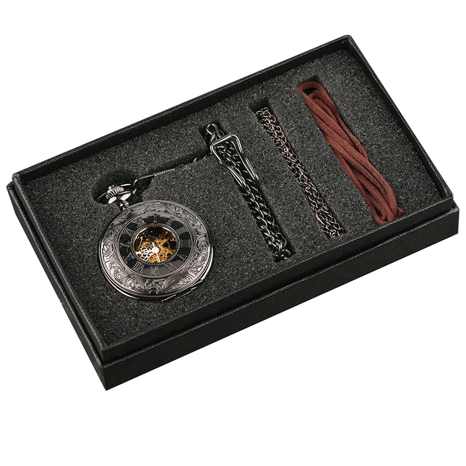 Steampunk Hand Winding Mechanical Black Pocket Watch Fob Pendant Mens Womens Box Bag 1