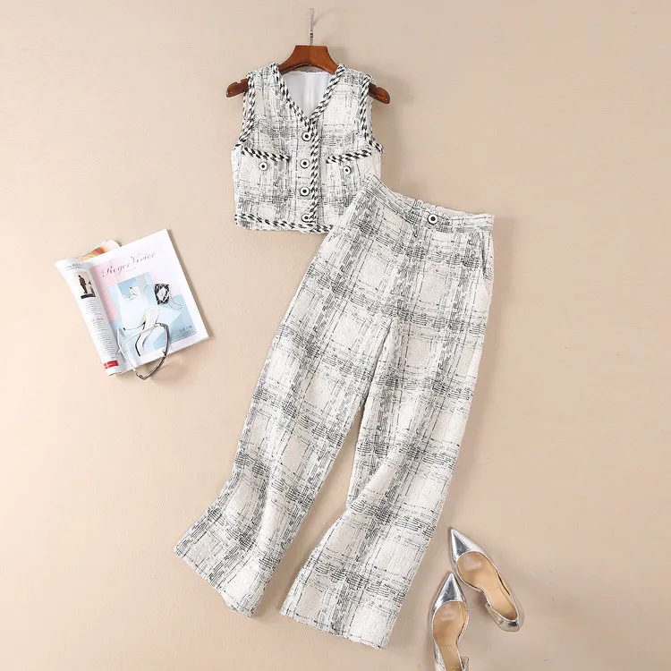 LXUNYI New Autumn 2 Piece Set Tweed Pants Suit Women Short Vest Top And Wide Leg Pants Female Set High Waist Woman 2 Piece - Цвет: As Picture Color