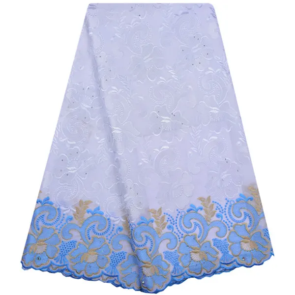 Новейшее швейцарское кружевная африканская вуаль французское хлопчатобумажное кружево ткань с бисером высокого качества нигерийские кружева вуаль для женского платья - Цвет: white blue