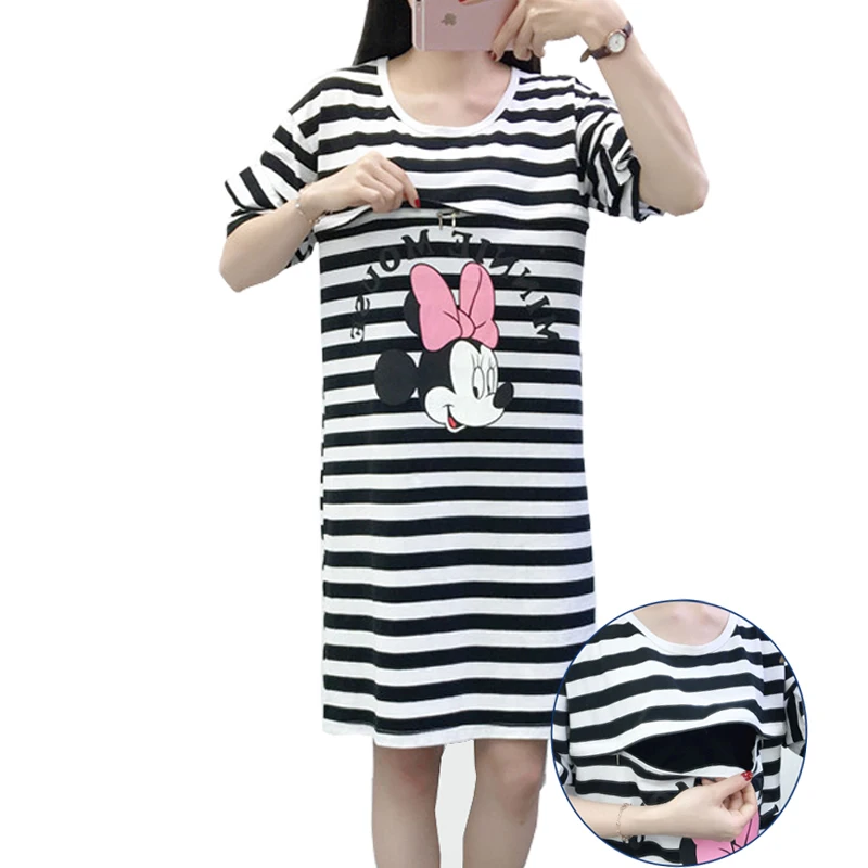 

Plus Size Dress 4XL Contrast stripe Cartoon Ruffles Sleeve Breastfeeding Dress Pregnancy Clothes Summer Maternity Clothes