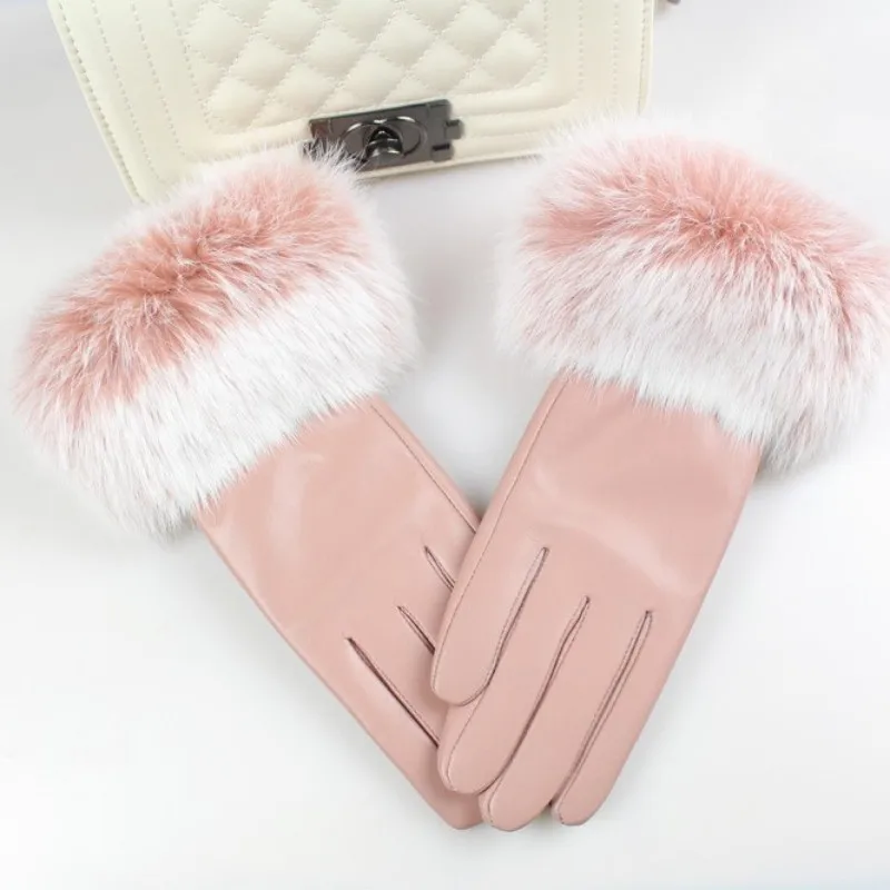 Новое поступление женские перчатки роскошные меховые перчатки для женщин модные однотонные женские кожаные перчатки зимние женские Мотоциклетные Перчатки