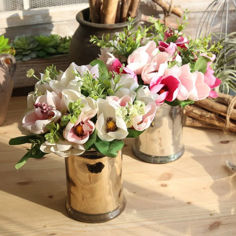 

Artificial Magnolia flower bouquet with Eucalyptus Fake plant mix 2 colors DIY wedding bride silk flowers 6 heads