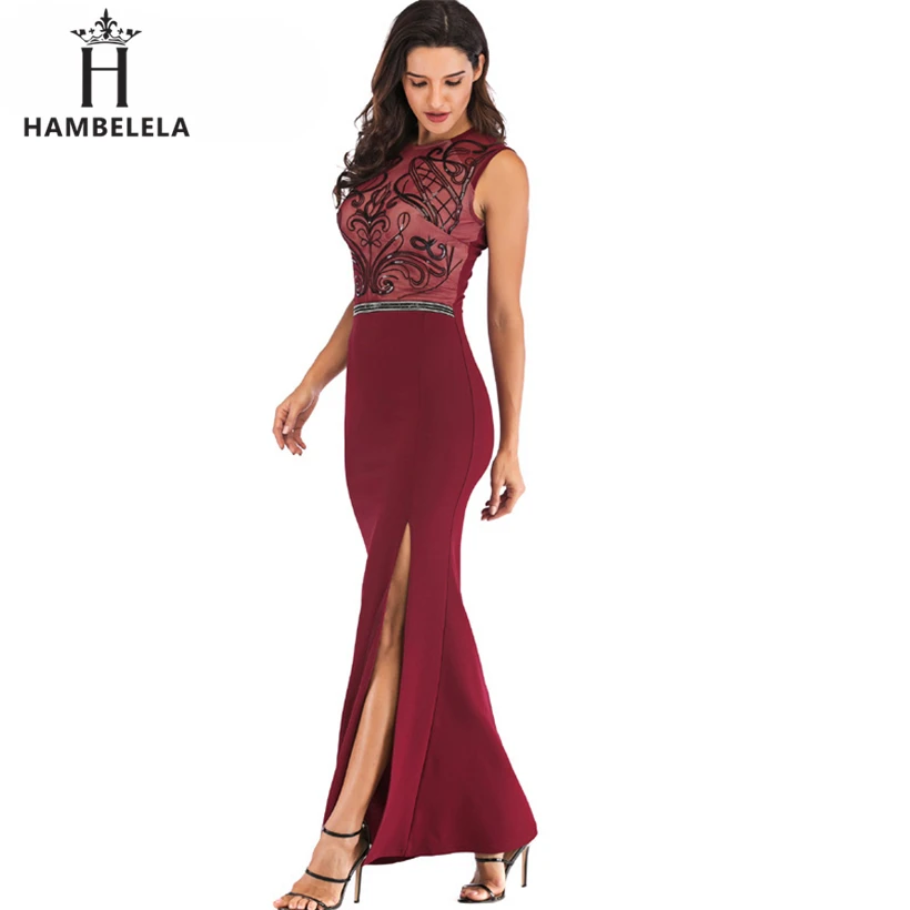 HAMBELELA Women Maxi Dresses Elegant Sexy Club Party Vestidos High Split Mesh Sequins Office Lady Female Fashion Prom Long Dress (2)