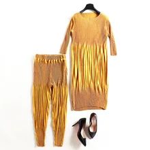 Elastic knit pleated long t shirt and pants 2 piece pants suits new brand runway high