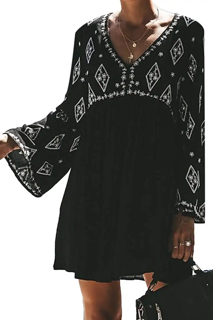 Women V-Neck Loose Long Sleeve Printed Short Dress Backless Button Pocket Pure Color Pleated Mini Black | Женская одежда