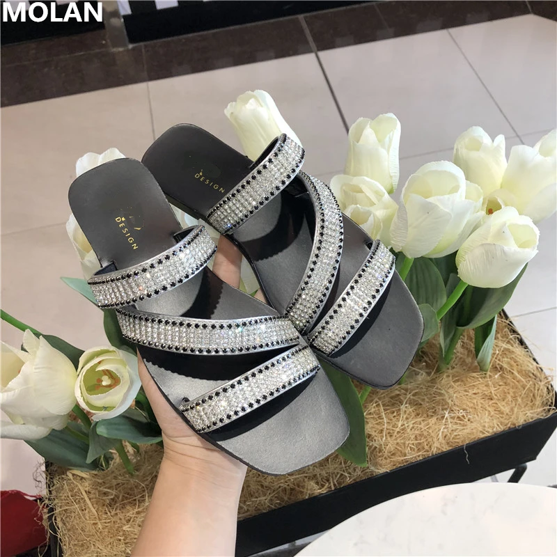 

MOLAN Brand Designer 2019 Summer New Luxury Rhinestone Cross Tie Woman Shoes Flat Slides Slip On Loafers Mules Flip Flops Casual