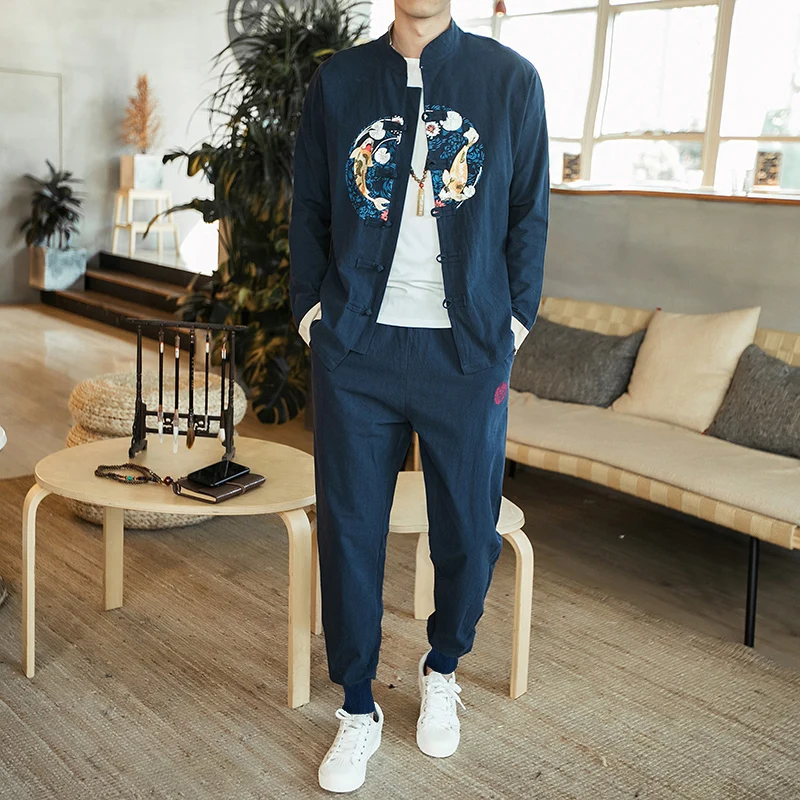 Style chinois broderie hommes ensembles veste simple boutonnage hommes et pantalons 5XL - 3