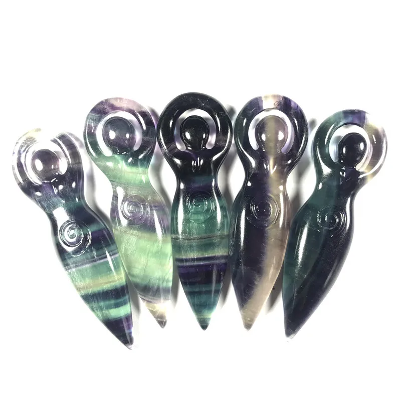 

Deap Price! Natural Rainbow Fluorite Quartz Crystal Hand Carved Goddess Statue For Home DecorationTY