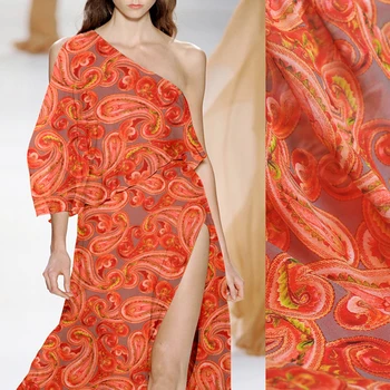 

140CM Wide 8MM Orange Print Thin Silk Georgette Fabric for Summer one-piece dress Shirt Clothes J146