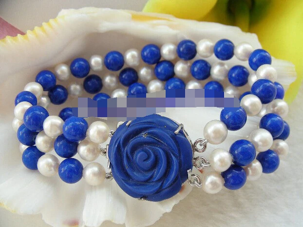

Hot selling>@@ > 01331 3rows round white freshwater pearls blue lapis lazuli bracelet -Bride jewelry free shipping