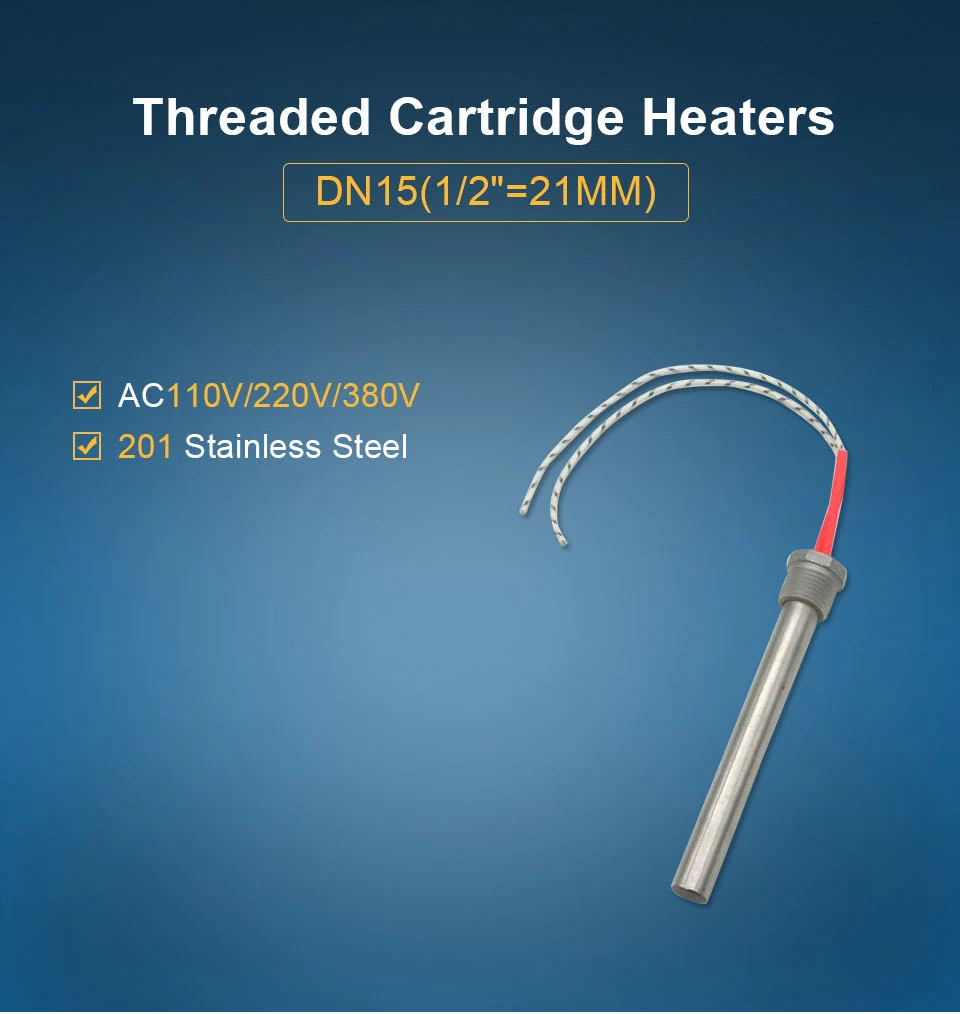 LJXH DN15/21mm Thread Cartridge Heater Heating Element 201SS 15mm Tube Dia. 300W/500W/800W/1000W/1100W