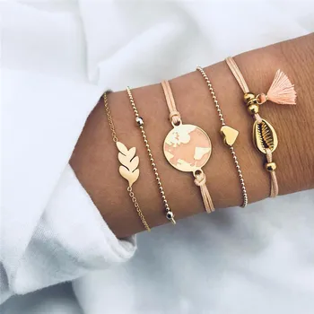 

LETAPI 5 Pcs/ Set Personality Map Leaves Heart Shell Tassel Beads Chain Bracelets Bangles Exquisite Women Accessories