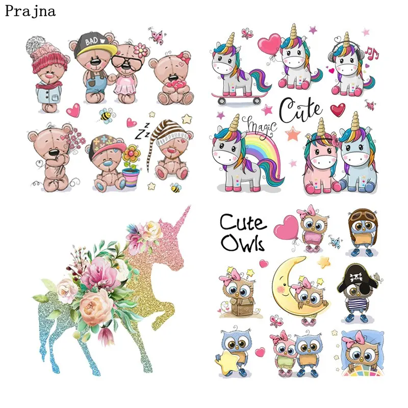

Prajna Unicorn Iron On Patches Flower Car Cute Owls Patches Listening To Music Heat Transfers For Clothing DIY T-shirt Applique