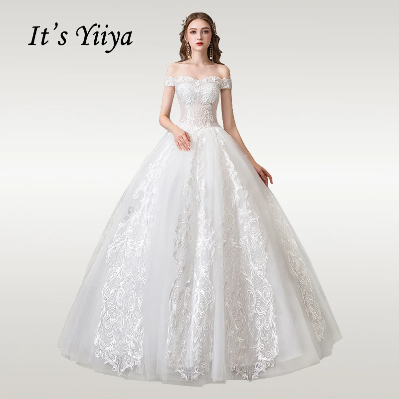 

It's YiiYa Wedding Dress Elegant Boat Neck Floor Length White Wedding Dresses Off Shoulder Vestido de novia Free Shipping HS759
