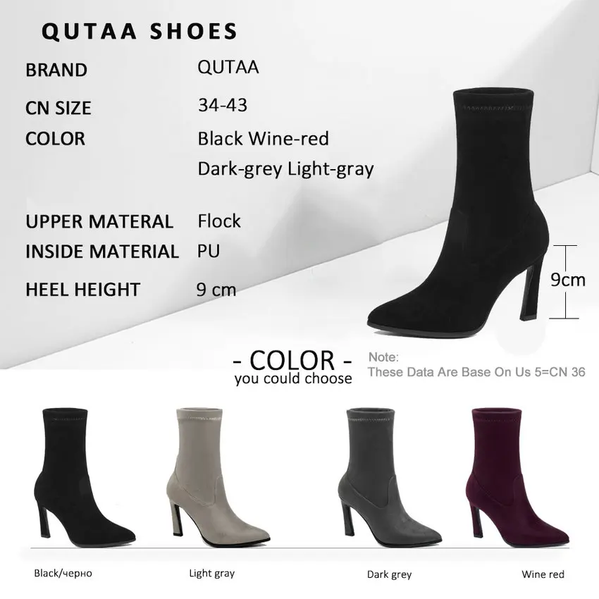 QUTAA New Winter Stretch Ankle Boots Sexy Hoof High Heels Women Shoes Platform Pointed Toe Slip on Short Boots Size 34-43