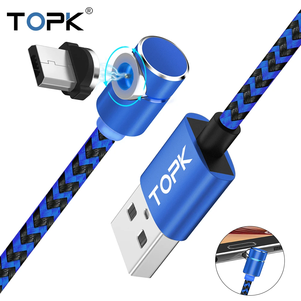 TOPK L-Line2 L-Type LED Magnetic Micro USB Cable Nylon Braided Charger Cable for Samsung s7 Xiaomi Redmi 4X Micro USB Port