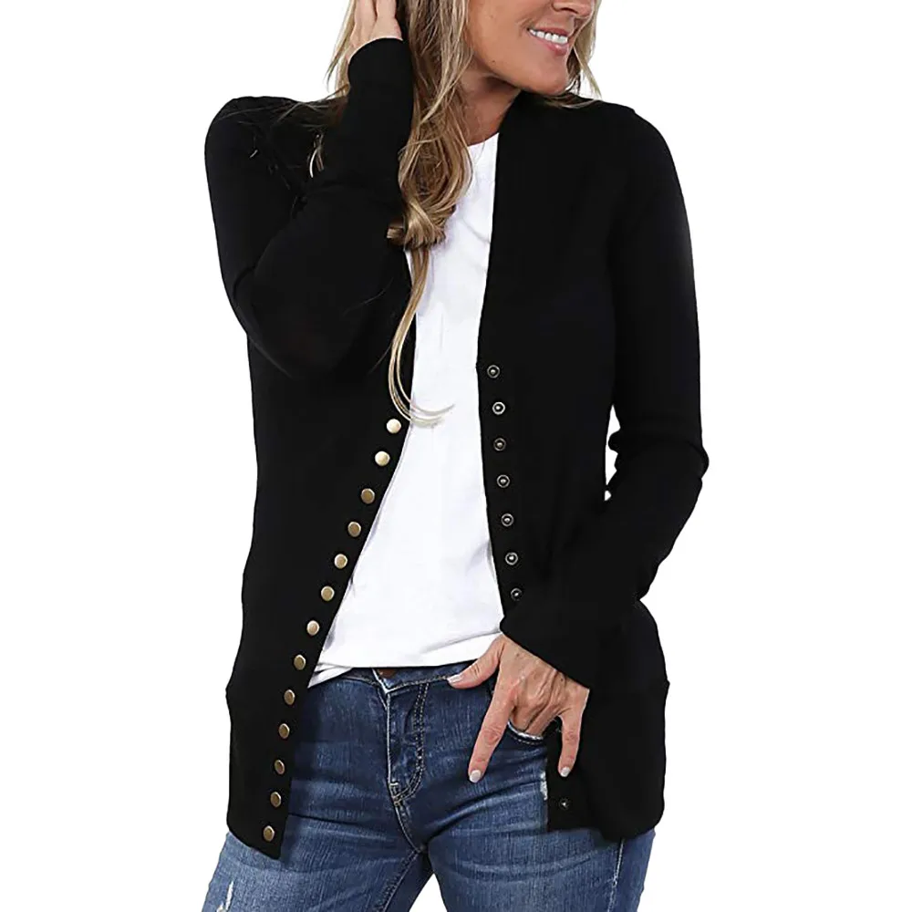 Женский кардиган с v-образным вырезом на пуговицах, вязаный свитер с длинным рукавом, топ chompas para mujer d90703 - Цвет: Черный