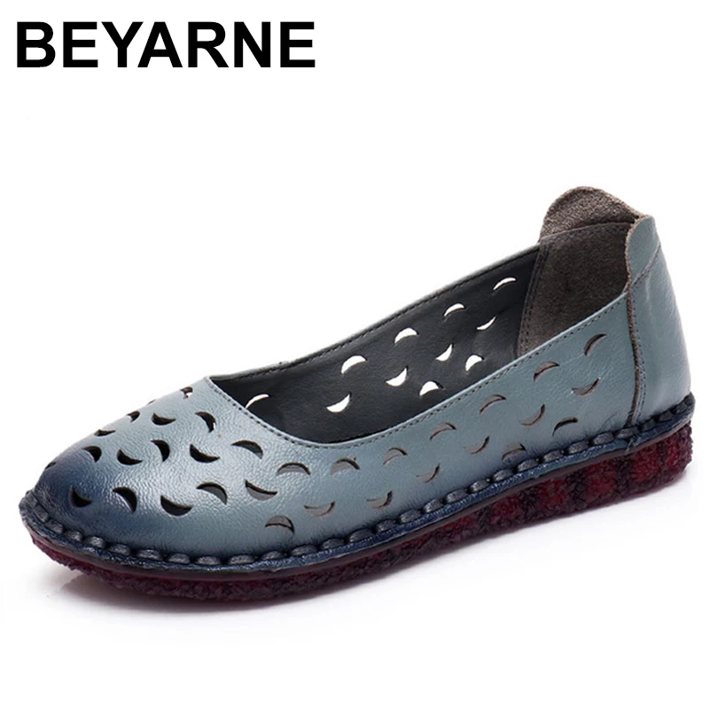 

BEYARNE New Women's Casual Shoes Genuine Leather Woman Loafers Breathable Summer Shoe Flats Hollow Out Mother Shoes ZapatosMujer