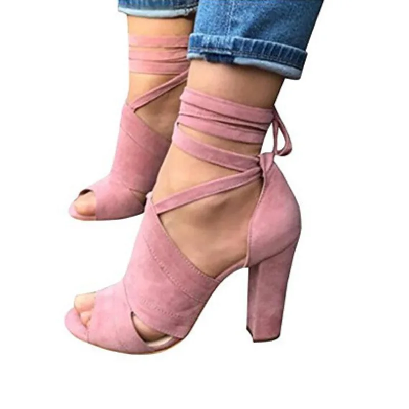 

Summer women lace up sandals gladiator block high heels cross tied party shoes ladies sexy open toe ankle strap pumps big size