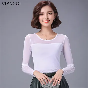 

VISNXGI Sexy Women Blouses See Through Transparent Mesh Round Neck Long Sleeve Sheer Blouse Shirt Ladies Tops Tee Plus Size 3XL